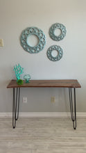 Load and play video in Gallery viewer, Custom Made Live Edge Wood With Sparkling Aqua Resin Inlay Console Table