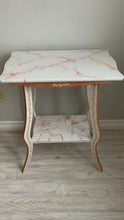 Load and play video in Gallery viewer, White and Copper two tier Marble Resin Top Accent Table