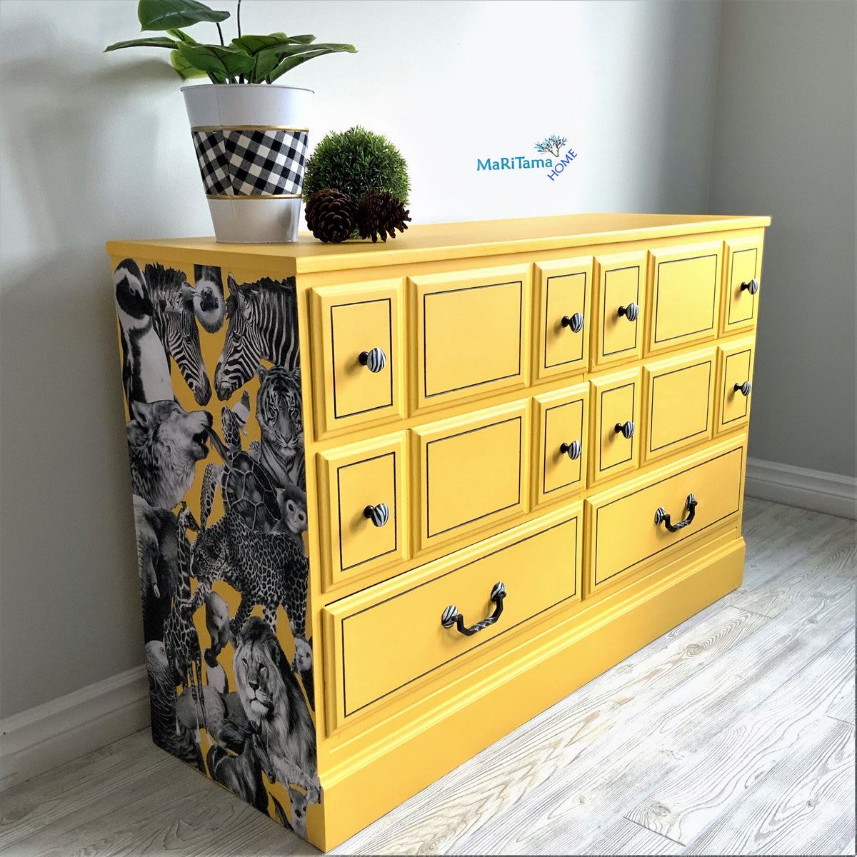 Black & White Animal Collage on Yellow Dresser