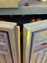 Load image into Gallery viewer, Blue and Yellow Striped Farmhouse Cabinet with Glass - Furniture MaRiTama HOME