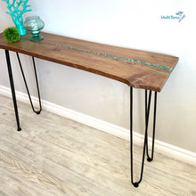Load image into Gallery viewer, Custom Made Live Edge Wood With Sparkling Aqua Resin Inlay Console Table