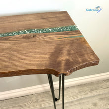 Load image into Gallery viewer, Custom Made Live Edge Wood With Sparkling Aqua Resin Inlay Console Table