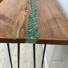 Load image into Gallery viewer, Custom Made Live Edge Wood With Sparkling Aqua Resin Inlay Console Table