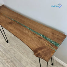 Load image into Gallery viewer, Custom Made Live Edge Wood With Sparkling Aqua Resin Inlay Console Table
