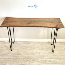 Load image into Gallery viewer, Custom Made Live Edge Wood With Sparkling Aqua Resin Inlay Console Table