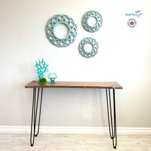 Load image into Gallery viewer, Custom Made Live Edge Wood With Sparkling Aqua Resin Inlay Console Table