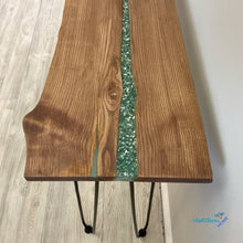 Load image into Gallery viewer, Custom Made Live Edge Wood With Sparkling Aqua Resin Inlay Console Table