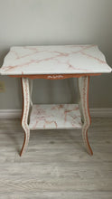 Load and play video in Gallery viewer, White and Copper two tier Marble Resin Top Accent Table
