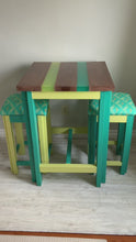 Load and play video in Gallery viewer, Custom made Teal and Yellow Glow Epoxy Resin River High Table and Stool Set

