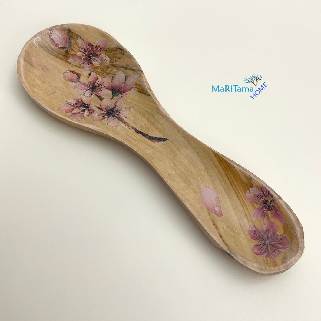Olive Wood Pink Blossom Spoon Holder