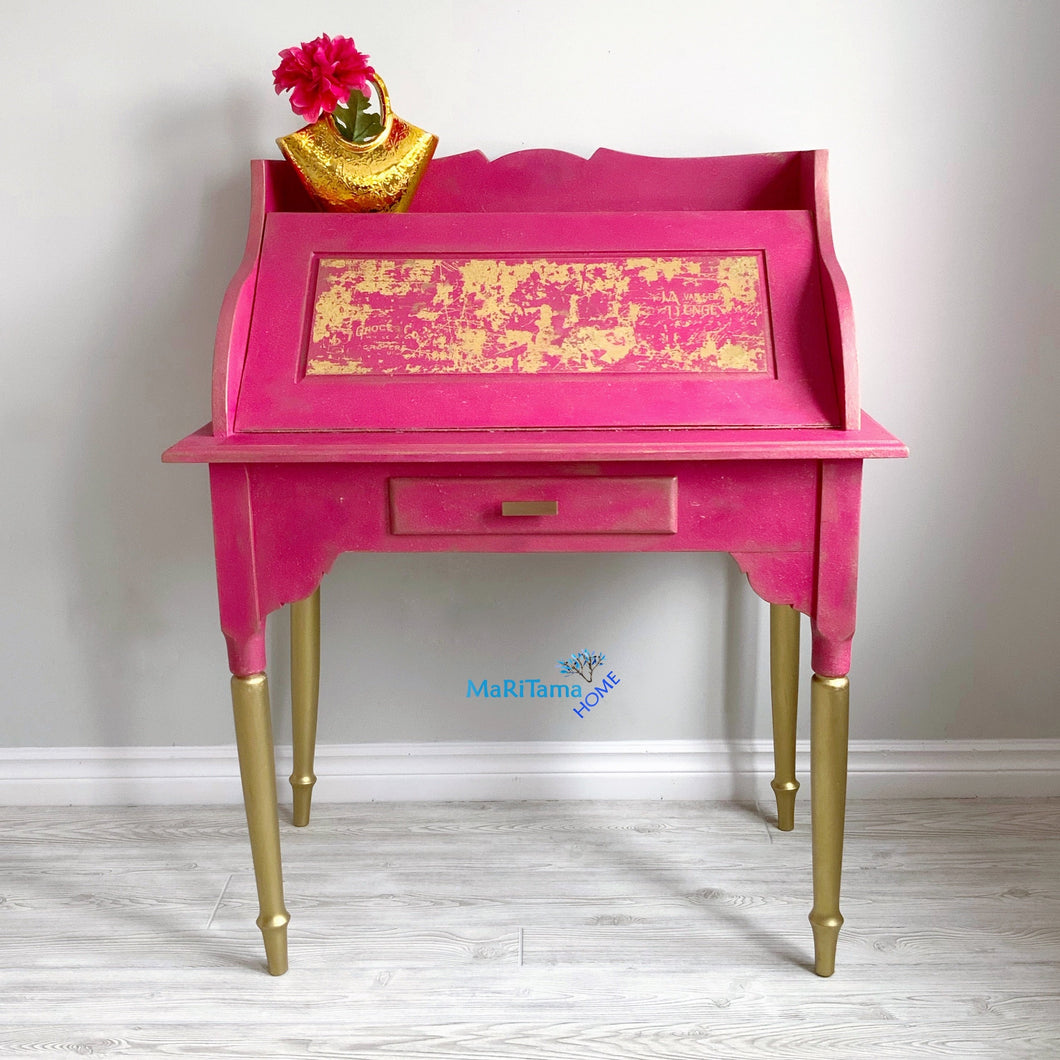 Antique Shocking Pink and Gold Writing Table - Furniture MaRiTama HOME