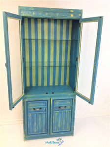 Blue and Yellow Striped Farmhouse Cabinet with Glass - Furniture MaRiTama HOME