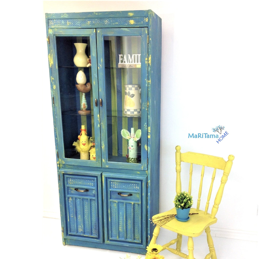 Blue and Yellow Striped Farmhouse Cabinet with Glass - Furniture MaRiTama HOME