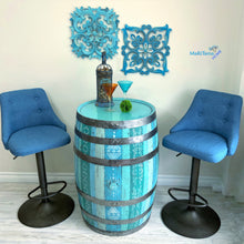 Load image into Gallery viewer, Boho Blue Antique Oak Bar Barrel with Glittery Resin Top - Furniture MaRiTama HOME
