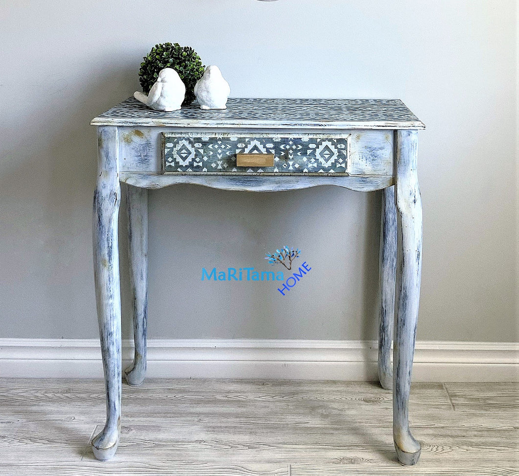 Boho Shabby Chic Blue and White Vanity/ Entryway Table / Desk - Furniture MaRiTama HOME