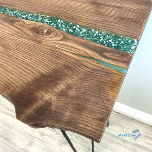 Custom Made Live Edge Wood With Sparkling Aqua Resin Inlay Console Table