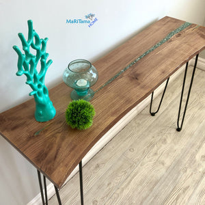 Custom Made Live Edge Wood With Sparkling Aqua Resin Inlay Console Table