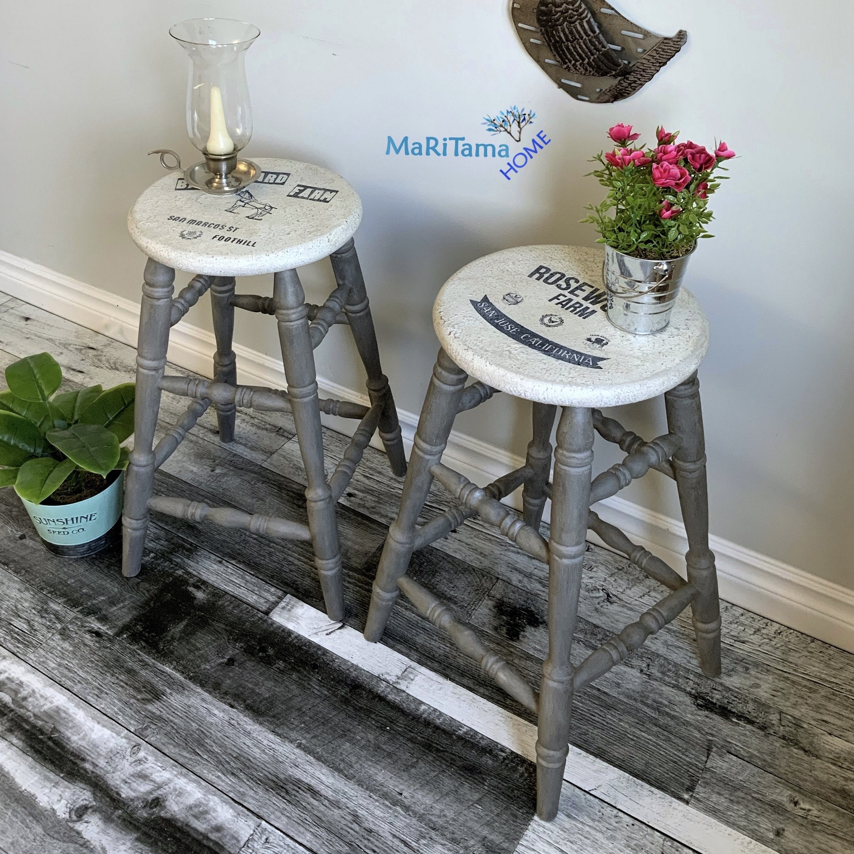 Grey and White Farmhouse Wooden Bar Stool MaRiTama HOME